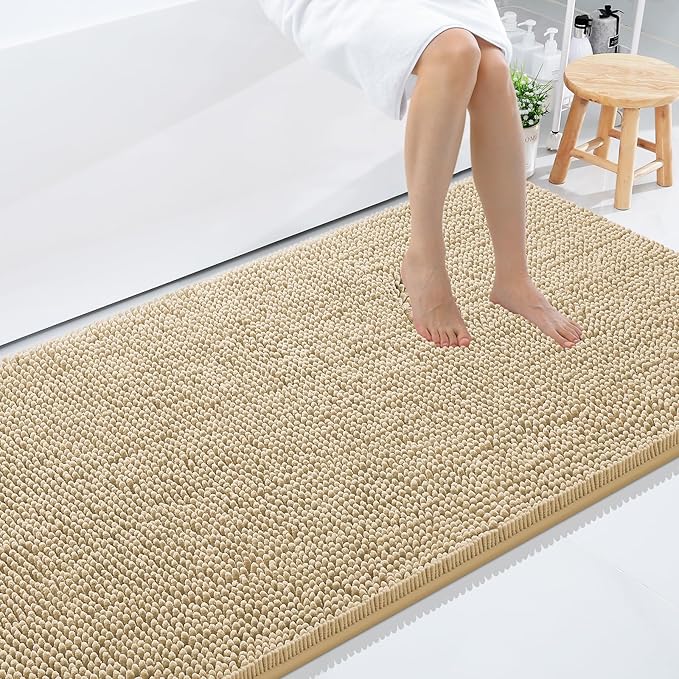 Smiry Luxury Chenille Bathroom Rugs 59x35, Extra Soft and Absorbent Shaggy Bath Mat, Machine Washable, Non-Slip Plush Carpet Runner for Tub, Shower, and Floor, Home Decor Accessories, Beige by Smiry