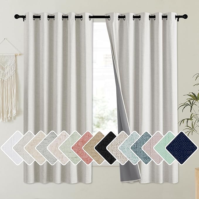 NICETOWN Snowbound Vintage Linen 100% Blackout Curtains for Kitchen, Thermal Insulated Curtains 63" Long, Noise Reducing Window Treatment Drapes for Dorm Room, 62" Wide Per Panel, Set of 2 by NICETOWN