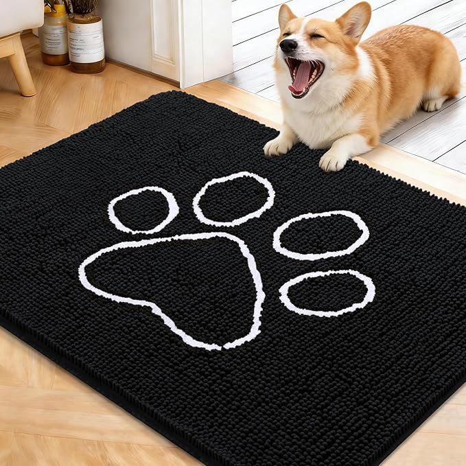 OLANLY Dog Door Mat for Muddy Paws 40x32, Paw Print Design, Absorbs Moisture and Dirt, Absorbent Non-Slip Washable Doormat, Quick Dry Chenille Mud Mat for Dogs, Entry Indoor Entryway Carpet, Black by OLANLY