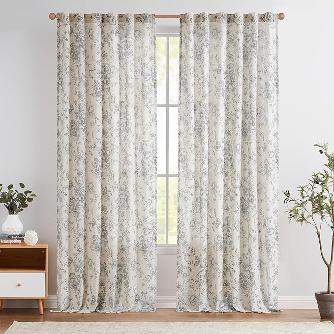 jinchan Linen Blend Curtain Floral Curtains for Living Room 96 Inch Length Grey Printed Curtain Rod Pocket Back Tab Farmhouse Peony Flower Patterned Drapes Bedroom Window Curtains Set 2 Panels - Image 2