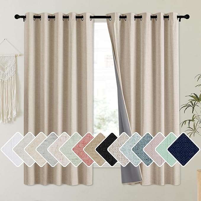 NICETOWN Oatmeal Vintage Open Linen Weave Flax Thermal Curtains, 100% Blackout Curtains 63" Long for Dining Room, Soundproof Window Treatment Drapes for Dorm Room, 62" Wide Per Panel, Set of 2 by NICETOWN
