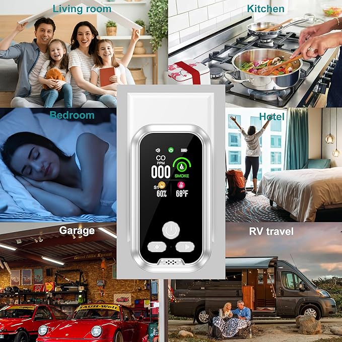 4in1 Plug in Smoke & Carbon Monoxide Detector Combination Builti-in 2000mAh Backup Battery HD Screen [Smoke CO Temp Humidity Sensor] for Home Hotel Travel (1 Pack, White) - Image 8