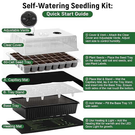 60-Cell Self-Watering Seed Starter Kit with Grow Light and Heat Mat, Seedling Tray with Humidity Dome, Indoor Plant Germination Tray for Beginners - Grow Tomatoes, Peppers, Herbs & Flowers - Image 8