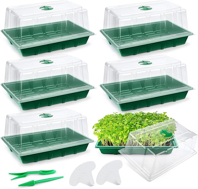 6 Packs Seed Starter Tray Kits with Humidity Dome, Plastic Germination Growing Trays with Plants Labels Planting Tools for Seeds Growing Starting, Germination Seedling Propagation, Green by Hahood