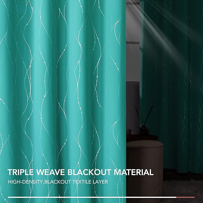 Deconovo Blackout Curtains, Thermal Insulated Soundproof Grommet Drapes, Wave Dots Silver Print, 52 x 63 Inch, Set of 2, Machine Washable Panels for Kitchen Bedroom Living Room Nursery, Turquoise - Image 5