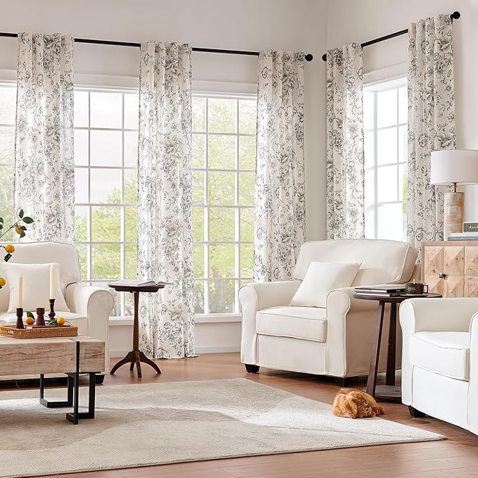 jinchan Linen Floral Curtains 96 Inch Length for Living Room Bedroom Light Filtering Farmhouse Peony Flower Drapes Rustic Window Curtain Set Rod Pocket Back Tab 2 Panels Black - Image 2
