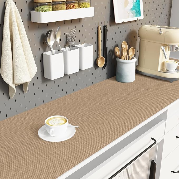 Drawer Liner, Shelf Liners for Kitchen Cabinet Waterproof & Oil-Proof Cupboard Liner Non-Slip Drawer Mat PVC Material Non Adhesive Kitchen Liner for Countertop Beige 11.8 x 59 Inches - Image 3