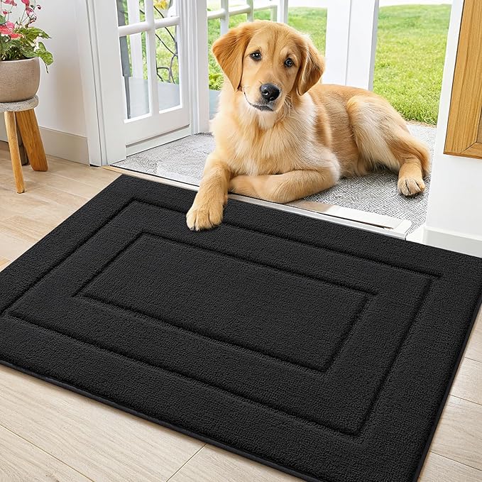 Smiry Dog Door Mat for Muddy Paws, Absorbs Moisture and Dirt, Low-Profile Entryway Mat with Non-Slip Backing, Entry Indoor Outdoor Doormat for Inside Floor (30x20 Inches, Black, Bordered) by Smiry