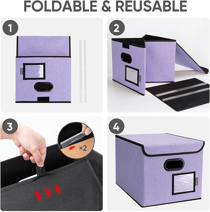 BALEINE File Organizer Box with Lid, Collapsible File Folder Organizer with Plastic Slide, Hanging File Folder Box for Office Document Storage (1 Pack, Purple) - Image 8
