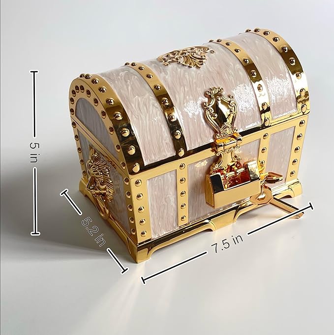Large Double-layer Retro Metal Jewelry Chest, Pirate-style Lion Head Relief Treasure Box With Lock Women's Jewelry Storage (Oil Painting White Golden) - Image 3