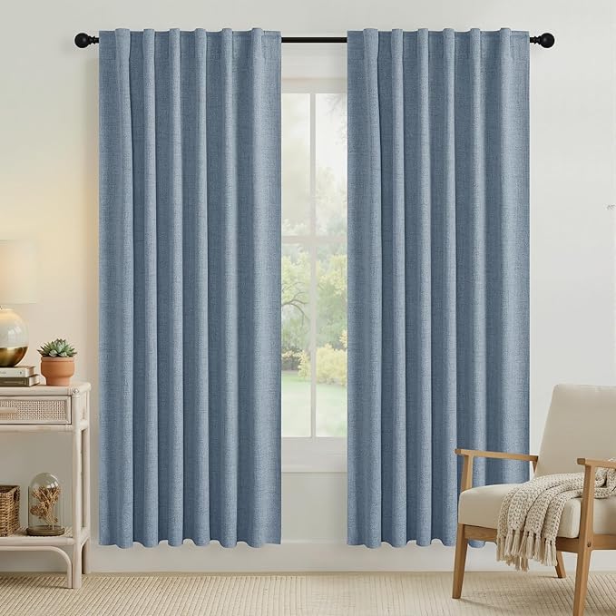 RYB HOME Smoky Blue 100% Blackout Linen Curtains 72 inch Long, Thermal Insulated & Privacy Assurd Drapes for Bedroom/Office/Nursery, Rod Pocket & Back Tab Window Treatment, W52 X L72, 2 Panels by RYBHOME