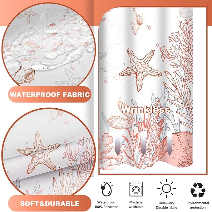 No Hook Shower Curtain with Snap in Liner, Beach Ocean Nautical Coastal Shower Curtains and Liner Set for Bathroom, Seashell Hotel Fabric Bath Curtain, Waterproof Washable, Coral 71" x 74" - Image 3