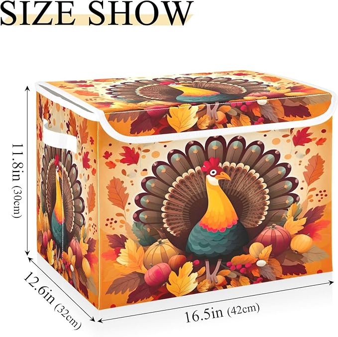 xigua Thanksgiving Turkey Storage Bins with Lids and Carrying Handle,Foldable Storage Boxes Organizer Containers Baskets Cube with Cover for Home Bedroom Closet Office - Image 3