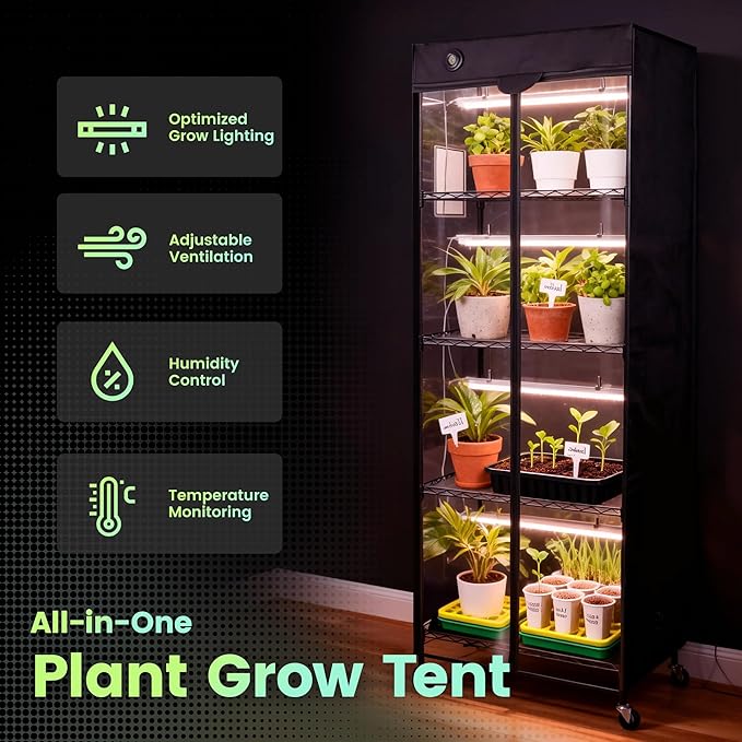 WORTH Mini Greenhouse with LED Grow Lights & Digital Thermo-Hygrometer – Portable Indoor Plant Grow Tent with Oxford Fabric Cover, Adjustable Shelves, Casters & Ventilation Flaps for Seed Starting - Image 2