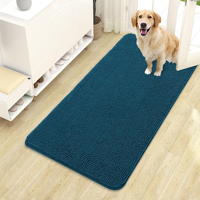 OLANLY Dog Door Mat for Muddy Paws 44x24, Absorbs Moisture and Dirt, Absorbent Non-Slip Washable Doormat, Quick Dry Chenille Mud Mat, Entry Indoor Entryway Carpet for Inside Floor, Atlantic Blue by OLANLY