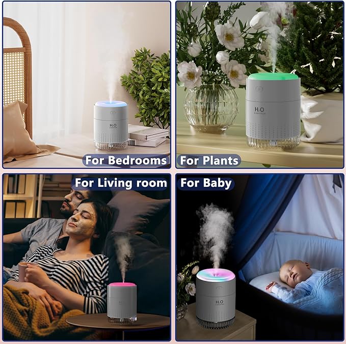 SZO Portable Mini Humidifier, 500ML USB Personal Cool Mist Humidifiers for Bedroom Office Travel Desk, Whisper Quiet 20dB with 2 Mist Modes & Auto Shut-Off, Small Desktop Humidifier(Grey) - Image 6