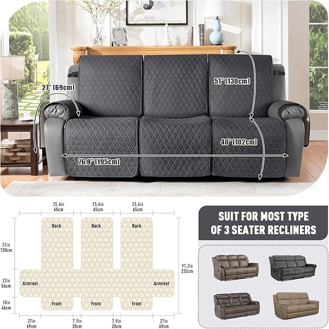 TAOCOCO 100% Waterproof Recliner Cover, Non-Slip Washable Reclining Couch Cover with Elastic Leg Straps, Furniture Protector for Dogs (Black Gray, 3 Seater) - Image 3