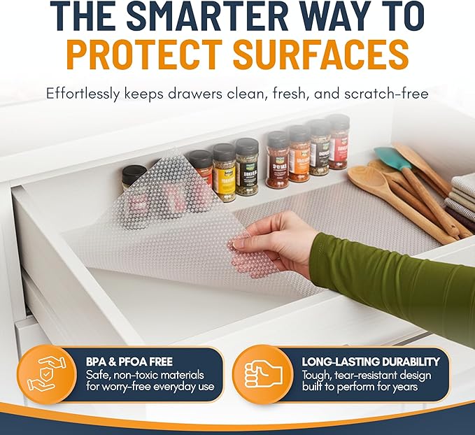 Shelf Liner Drawer Liner for Kitchen Cabinets Non-Adhesive by Linda’s Essentials (12 x 120 Inches) - Non-Slip Easy Clean Kitchen Cabinet and Cupboard Protector, Waterproof Mat, Clear Roll - Image 2