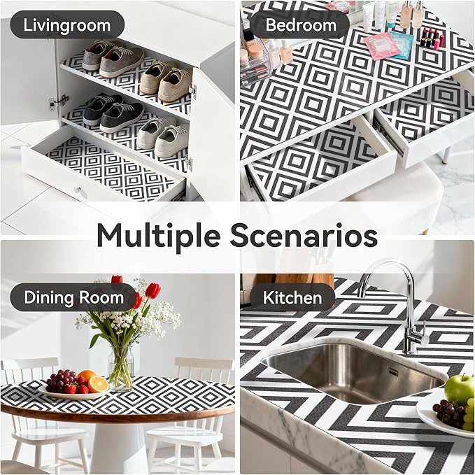FIFTY FEET 18"x96" Non-Adhesive Shelf Liner for Kitchen Cabinets and Drawers, Washable Non-Slip PVC Cabinet Liner (Black Plaid)(5 Roll) - Image 9