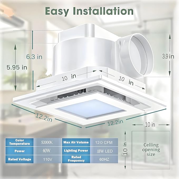 Bathroom Exhaust Fan with LED Light Ceiling Mount Ventilation Fan 120 CFM,Voltage 110V,4 Inch Duct Quiet Bathroom Ventilation Exhaust Fan for Shower/Restroom/Office - Image 7