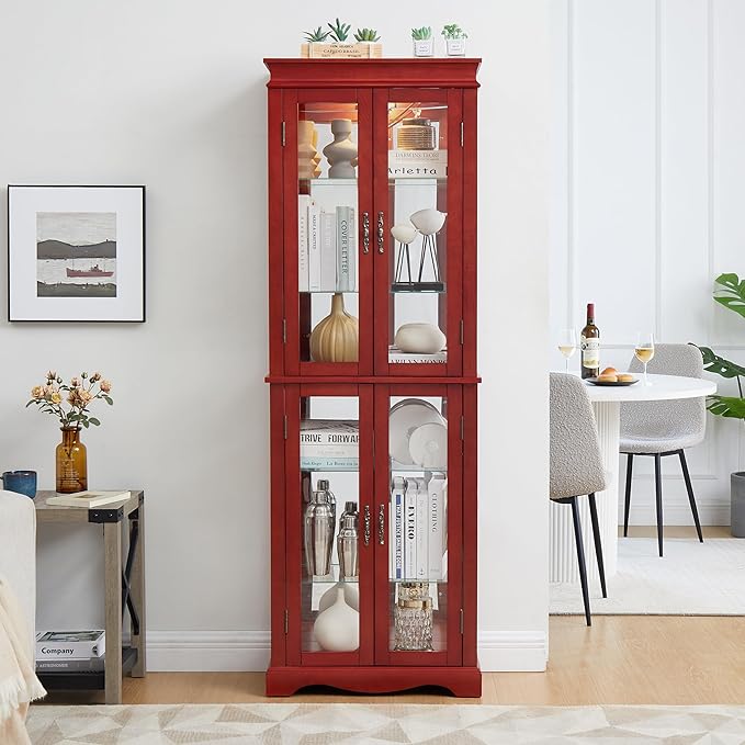 Lighted Glass Curio Cabinet with Lights & Adjustable Shelves,Curio Display Cabinet with Wood Frame,Corner Cabinet for Kitchen,Living Room,Office - Image 4