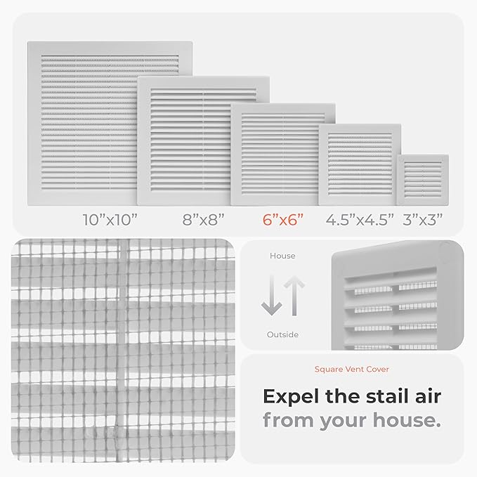 2-Pack 8" x 8" (Outer Size) Square Air Vent Cover – White Plastic Vent Deflector - Screen Mesh, Surface Mount Wall Ceiling – Cold Air Return Soffit Air Vent Cover - Register Indoor Outdoor - Image 3