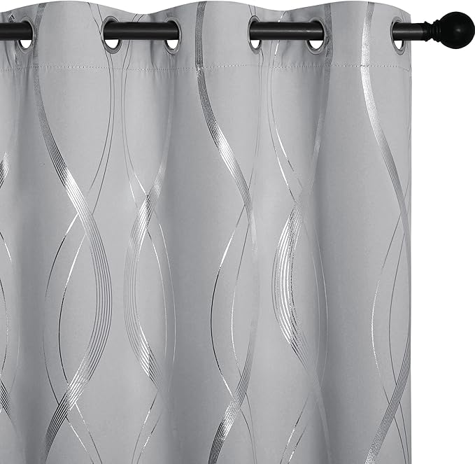 NICETOWN Kitchen Blackout Curtain Panels, Silver Grey, Set of 2, 42 by 48 Inch, Window Treatment Thermal Insulated Solid Grommet Blackout Wave Line Foil Print Design Curtains for Kitchen, Cafe, Loft by NICETOWN