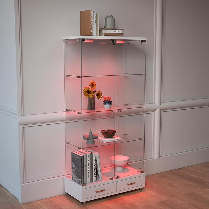 Yoluckea 4-Tier Glass Display Cabinet with LED Lighting and 2 Drawers, 2-Door Floor Standing Curio Cabinet with Wheel for Home, Office, Corner Display, White Glass Bookshelf for Collections and Decor - Image 8