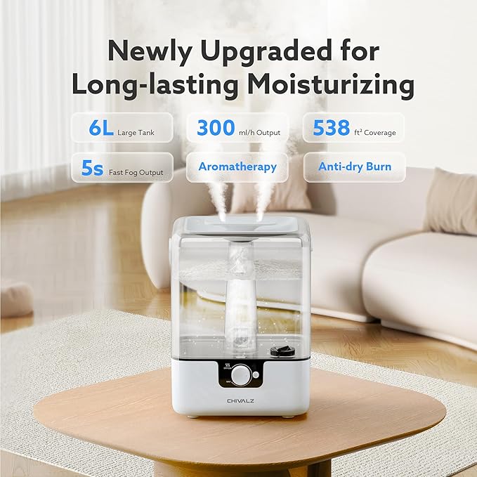 CHIVALZ Humidifiers for Bedroom Large Room Home, 6L Cool Mist Humidifier for Baby and Plant, Oil Diffuser, Top Fill Humidifier with Night Light, Quiet 23dB, Up to 26H, White 1Pack - Image 2