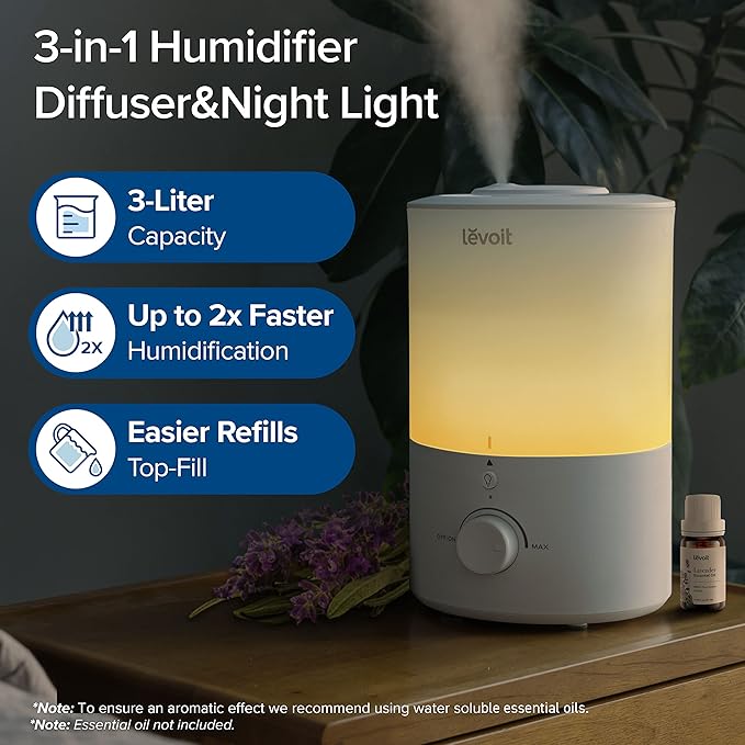 LEVOIT Humidifiers for Bedroom with Night Light(3L Water Tank)Cool Mist Top Fill Essential Oil Diffuser for Baby Nursery and Plants, 360° Nozzle, Quiet, Rapid Humidification for Home Large Room, White - Image 2