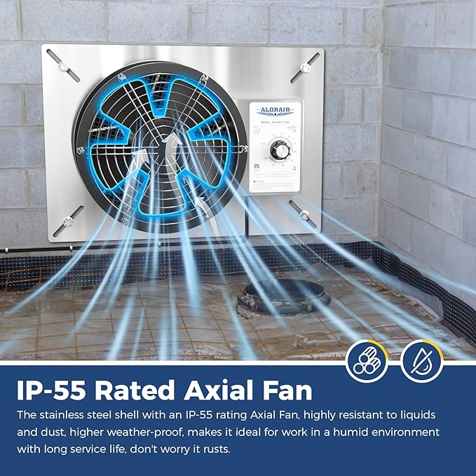 ALORAIR 540 CFM Stainless Steel Crawl Space Vent Fan - Air Out Ventilation Fan with Humidistat Dehumidistat, IP55 Rated Exhaust Fan with Isolation Mesh for Crawlspace Foundation Basements Garage Attic - Image 3