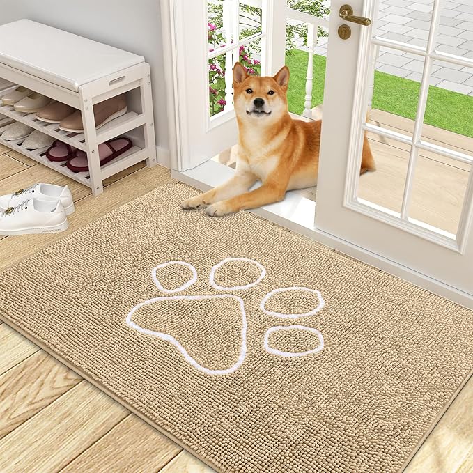 OLANLY Dog Door Mat for Muddy Paws 48x30, Paw Print Design, Absorbs Moisture and Dirt, Absorbent Non-Slip Washable Doormat, Quick Dry Chenille Mud Mat for Dogs, Entry Indoor Entryway Carpet, Beige by OLANLY