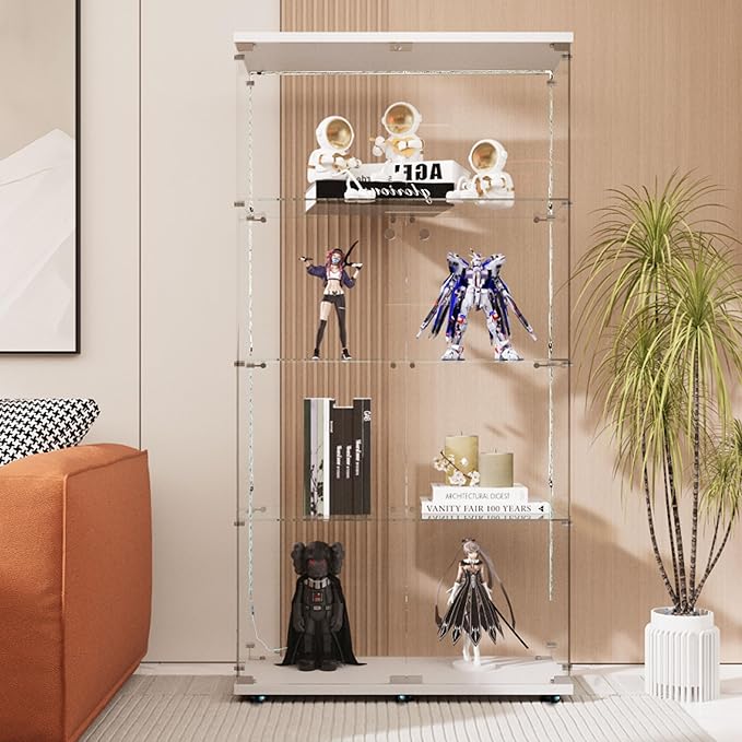 Yoluckea 4 Tiers Glass Display Cabinet with Bluetooth LED Light Strip, 2 Doors Floor Standing Curio Cabinet with Universal Wheel for Home Office Display, White Glass Bookshelf for Collections,Wood Top - Image 7