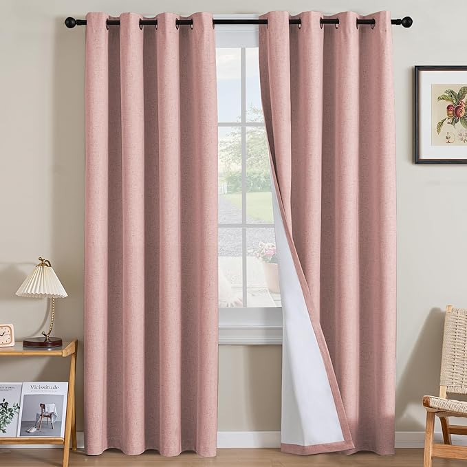 H.VERSAILTEX Linen Curtains 100% Blackout Curtains for Bedroom 84 inch Long Full Light Blocking Nature Linen Blended Window Curtains for Living Room Nickel Grommet (2 Panels, Heathered Baby Pink) by HVERSAILTEX