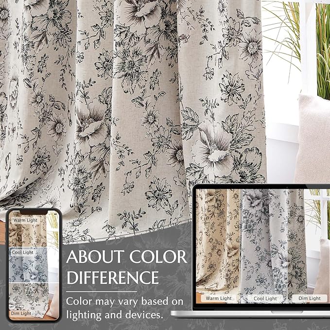 jinchan Blackout Linen Blend Curtain Floral Blackout Curtains for Living Room 96 Inch Length Black Printed with Lined Blackout Curtain for Bedroom Farmhouse Curtains Set 2 Panels - Image 6