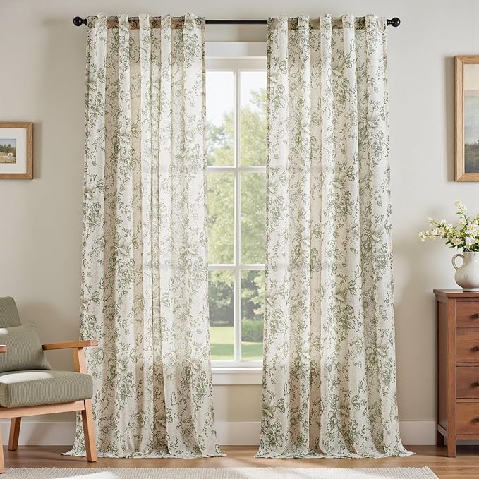 jinchan Linen Blend Floral Curtains for Living Room 96 Inch Length Farmhouse Printed Curtain Rod Pocket Back Tab Sage Green Peony Flower Patterned Drapes Bedroom Curtains Set 2 Panels by JINCHAN