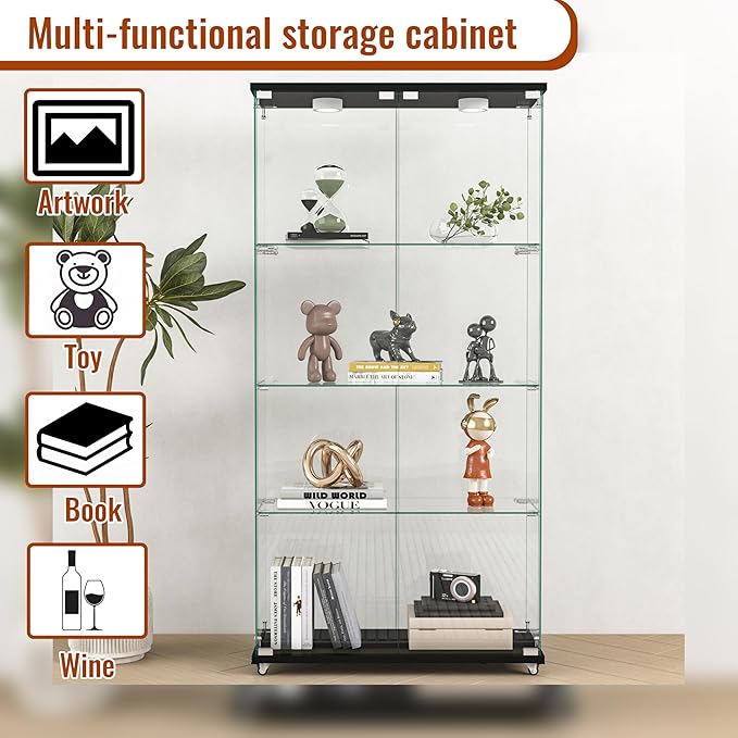 Yoluckea 4-Shelf Glass Display Cabinet with LED Lights, 2-Door Floor Standing Curio Cabinet with Universal Wheel for Home or Office, Black Glass Bookshelf for Collections, Decor, and Corner Display - Image 4