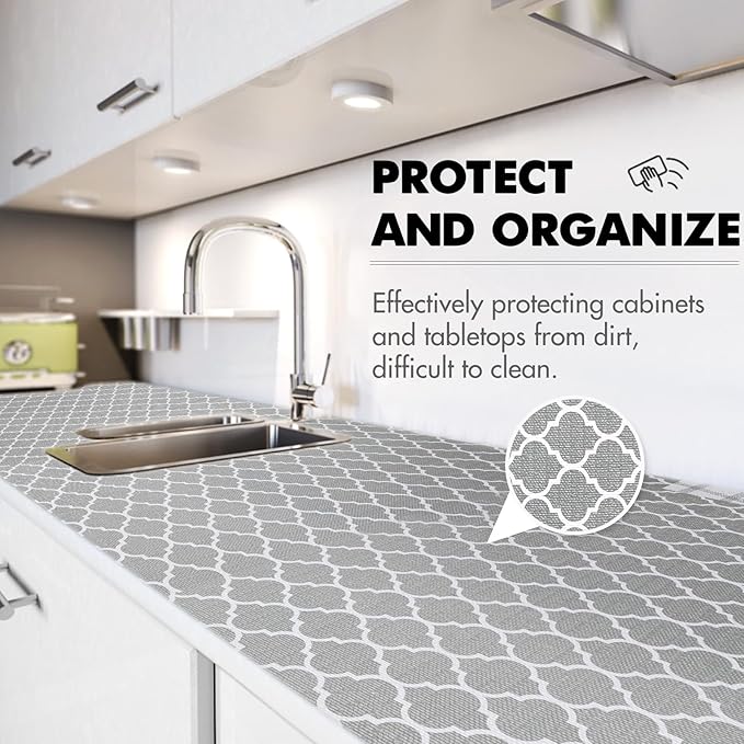 Viseeko Shelf and Drawer Liner for Kitchen Cabinet, Non-Adhesive Cabinet Liners for Shelves, Strong Grip Shelf Paper Non-Slip Waterproof Easy to Cut for Dresser Cupboard, Quatrefoil, 12 in x 20 ft - Image 3