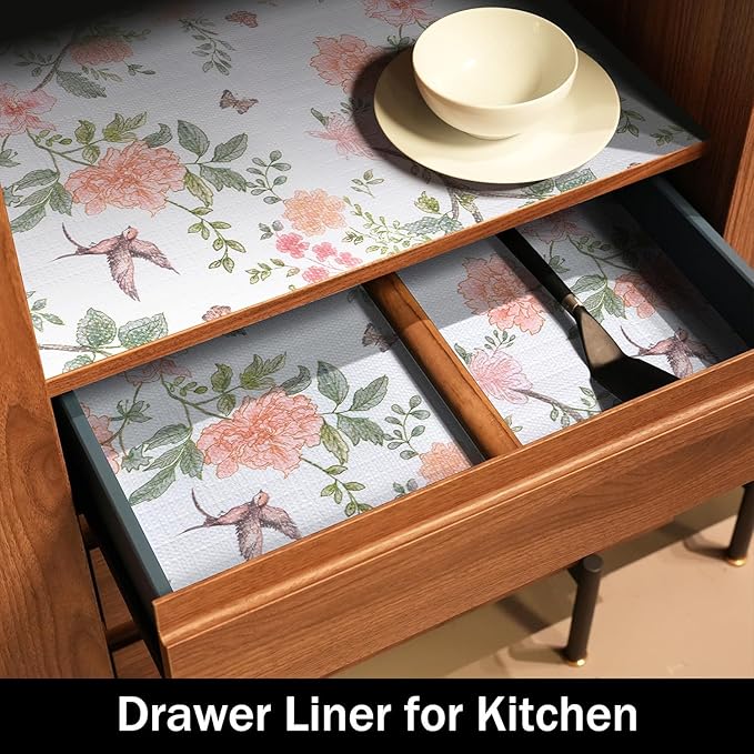 Bird Floral Shelf Liners Non Adhesive and Strong Non-Slip 12IN x 20FT Shelf and Drawer Liners for Kitchen Cabinet Wire Fridge, Waterproof Shelf Drawer Liner,Easy to Clean - Image 4