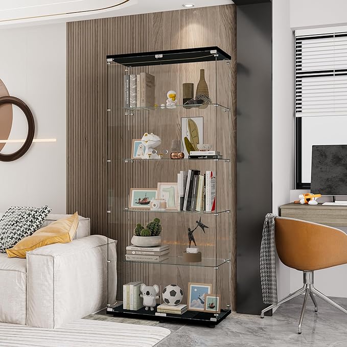 Yoluckea 5 Shelves Glass Display Cabinet with 2 Doors, Curio Collection Glass Display Case for Home Office, Floor Standing Bookshelf Corner Cabinet for Book Toys Glory (Black) - Image 3