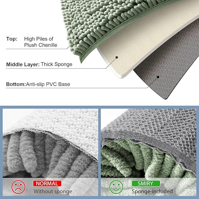 Smiry Luxury Chenille Bathroom Rugs 40x32, Extra Soft and Absorbent Shaggy Bath Mat, Machine Washable, Non-Slip Plush Carpet Runner for Tub, Shower, and Floor, Home Decor Accessories, Sage Green - Image 5