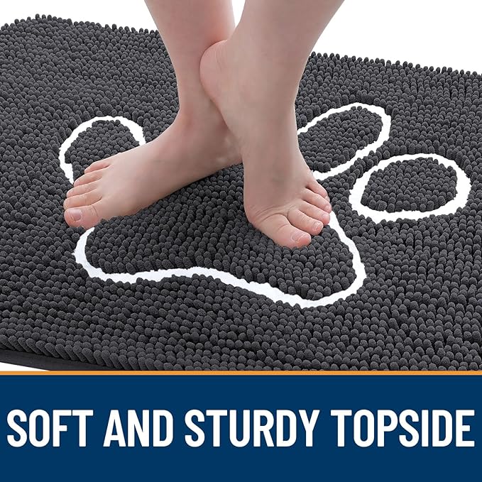 OLANLY Dog Door Mat for Muddy Paws 30x20, Paw Print Design, Absorbs Moisture and Dirt, Absorbent Non-Slip Washable Doormat, Quick Dry Chenille Mud Mat for Dogs, Entry Indoor Entryway Carpet, Dark Grey - Image 4