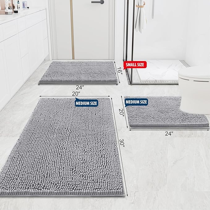 Smiry Luxury Chenille Bathroom Rugs 59x24, Extra Soft and Absorbent Shaggy Bath Mat, Machine Washable, Non-Slip Plush Carpet Runner for Tub, Shower, and Floor, Home Decor Accessories, Light Grey - Image 2
