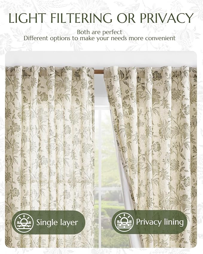 jinchan Lined Linen Floral Curtains for Living Room, 96 Inch Length Printed Flower Farmhouse Patterned French Country Back Tab Green Window Drapes Set Privacy Bedroom Curtains, 2 Panels - Image 6