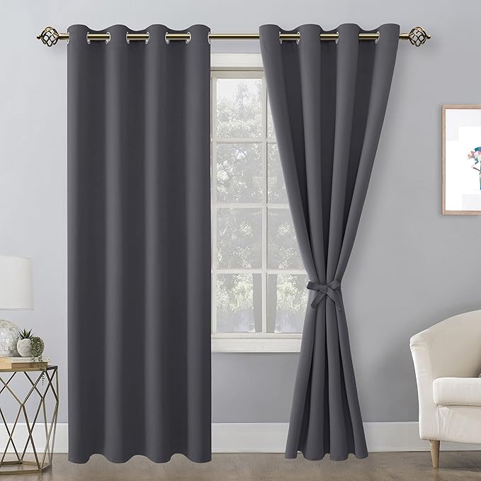 Hiasan Blackout Curtains for Bedroom, 52 x 84 Inches Long - Thermal Insulated & Light Blocking Window Curtains for Living Room, 2 Drape Panels Sewn with Tiebacks, Dark Grey - Image 2