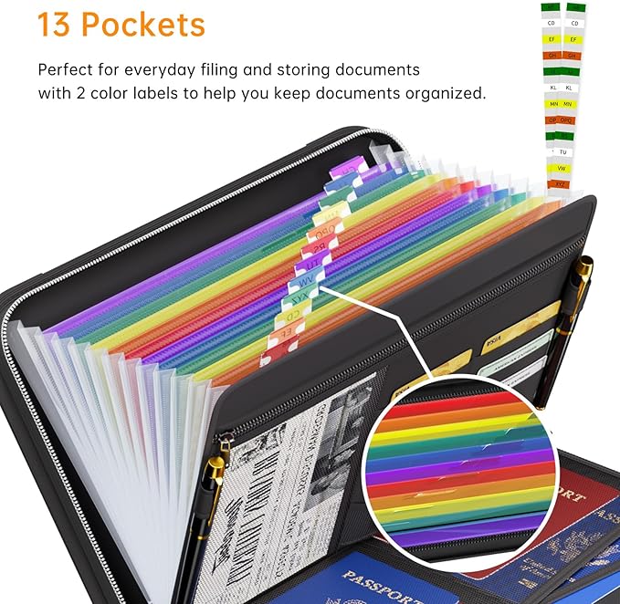 Tamfile Fireproof Accordion File Organizer with Handle, 13 Pocket Colorful Expanding File Folder with Zipper & Labels, File Folder with Multi-Pockets Paper Organizer Folder for Letter A4 Files (Black) - Image 3