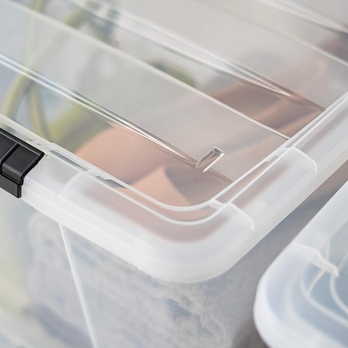 IRIS USA 72 Qt Stackable Plastic Storage Bins with Lids, 6 Pack - BPA-Free, Made in USA - See-Through Organizing Solution, Latches, Durable Nestable Containers, Secure Pull Handle - Clear - Image 9