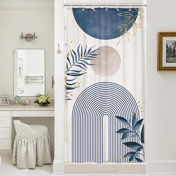 Small Stall Boho Shower Curtain 36Wx72H RV Blue Modern Mid Century Abstract Leaves Plant Minimalist Geometric Bathroom Decor Half Narrow Standing Bath Curtain Fabric Polyester 7 Pack Hook by MitpokBrand