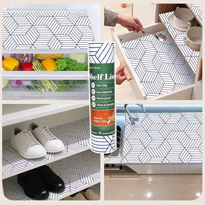 Shelf Liners for Kitchen Cabinets 12in x 20FT, Non Adhesive Cabinet Liner Strong Non-Slip White and Blue Geometric Drawer Liner, Easy to Clean for Shelf, Cabinet with Knife and Tape Measure - Image 9