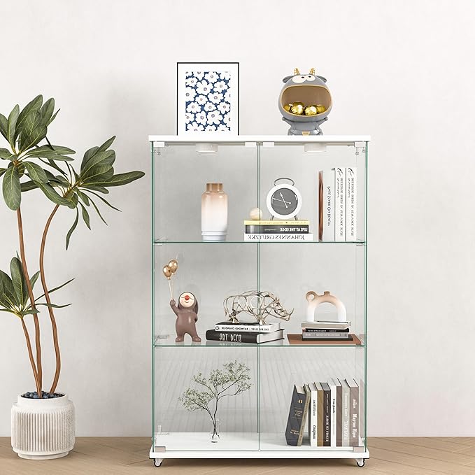 Yoluckea 3-Tier Glass Display Cabinet with LED Lighting, 2-Door Floor Standing Curio Cabinet with Universal Wheel for Home, Office, or Corner Display, White Glass Bookshelf for Collections and Decor - Image 9